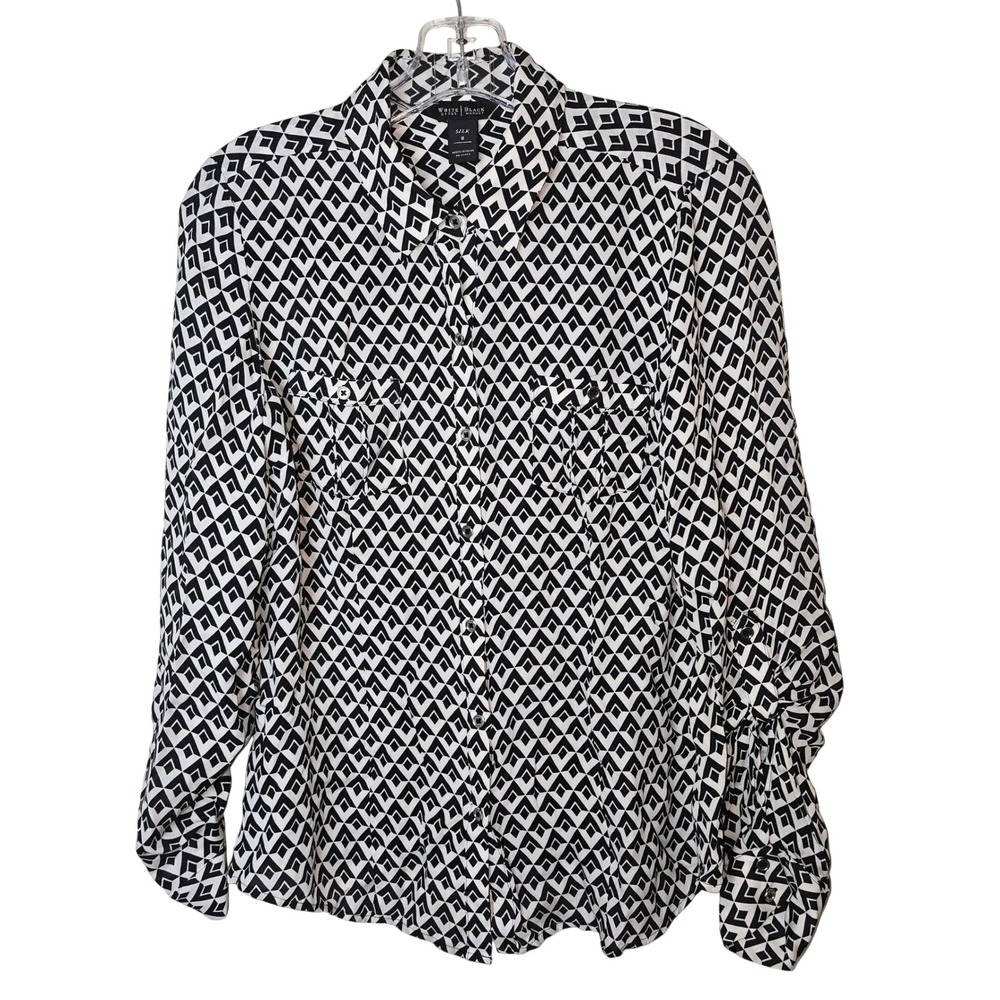 White House Black Market 100% Silk Geometric Print Blouse Women's Size 8